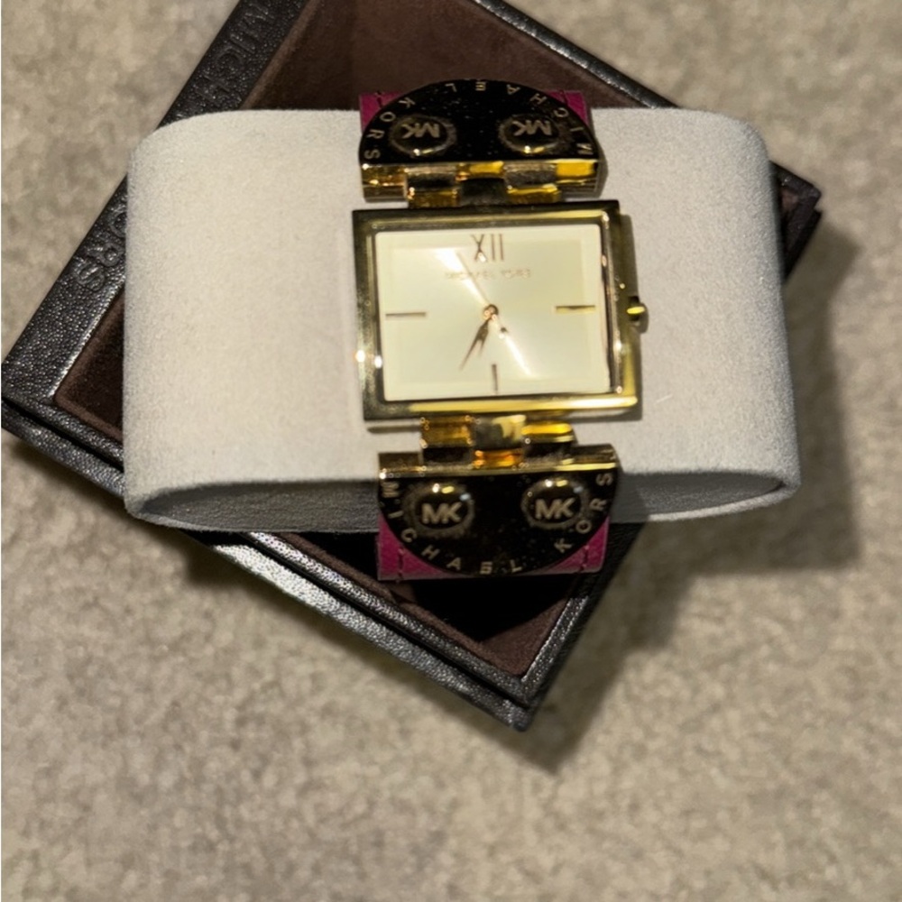 Michael Kors Gold and Berry leather strap Watch with Square Face